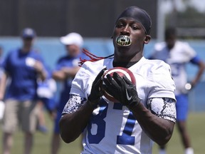 Winnipeg Blue Bombers wide receiver Lucky Whitehead (87) pulls in a pass during a team mini -camp at IMG Academy in Bradenton Florida on Wednesday, April 24, 2019. Whitehead is hoping to catch on for the season and will be at rookie camp beginning Wednesday, May 14, 2019. Tom O'Neill photo
