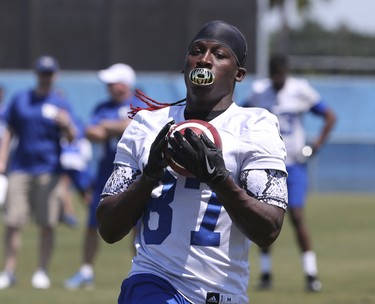 Winnipeg Blue Bombers wide receiver Lucky Whitehead (87) pulls in a pass during a team mini -camp at IMG Academy in Bradenton Florida on Wednesday, April 24, 2019.

Photo by Tom O'Neill