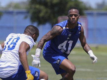 Winnipeg Blue Bombers defensive back Malik Boyton (41) defends wide receiver Maurice Thomas (18) during a team mini -camp at IMG Academy in Bradenton Florida on Wednesday, April 24, 2019.

Photo by Tom O'Neill