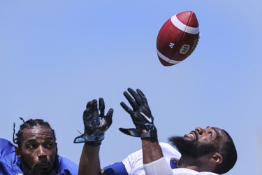 Winnipeg Blue Bombers defensive back Travon Blanchard (42), left, defends wide receiver Rasheed Bailey (3) during at team mini -camp at IMG Academy in Bradenton Florida on Wednesday, April 24, 2019.

Photo by Tom O'Neill