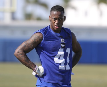 Winnipeg Blue Bombers defensive back Malik Boynton (41) works out during a team mini-camp at IMG Academy in Bradenton Florida on Wednesday, April 24, 2019.

Photo by Tom O'Neill