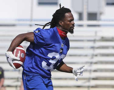 Winnipeg Blue Bombers defensive back Jahvon Williams (33) returns an interception during a team mini-camp at IMG Academy in Bradenton Florida on Wednesday, April 24, 2019.

Photo by Tom O'Neill