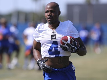 Winnipeg Blue Bombers wide receiver Garrett Johnson (4) runs after a reception during a team mini-camp at IMG Academy in Bradenton Florida on Wednesday, April 24, 2019.

Photo by Tom O'Neill