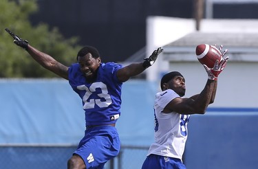 Winnipeg Blue Bombers  defensive back Mike Hayes (23) defends wide receiver Kenny Walker (80)  during a team mini-camp at IMG Academy in Bradenton Florida on Thursday, April 25, 2019.

Photo by Tom O'Neill