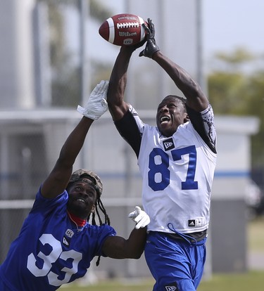 Winnipeg Blue Bombers Jahvon Williams (33)  defends wide receiver Lucky Whitehead (87) during a team
mini-icamp at IMG Academy in Bradenton Florida on Thursday, April 25, 2019.

Photo by Tom O'Neill