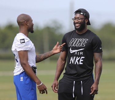 Winnipeg Blue Bombers wide receiver Garret Johnson (4) greets defensive back Brandon Alexander at a team mini- camp at IMG Academy in Bradenton Florida on Thursday, April 25, 2019.

Photo by Tom O'Neill