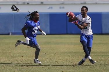 Winnipeg Blue Bombers  defensive back Jahvon Williams (33) defends wide receiver Elijah Marks (82) during a team mini-camp at IMG Academy in Bradenton Florida on Thursday, April 25, 2019.

Photo by Tom O'Neill