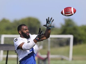 Winnipeg Blue Bombers wide receiver Rasheed Bailey (3) catches a pass during a team mini-camp at IMG Academy in Bradenton Florida on Thursday, April 25, 2019.

Photo by Tom O'Neill