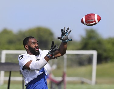 Winnipeg Blue Bombers wide receiver Rasheed Bailey (3) catches a pass during a team mini-camp at IMG Academy in Bradenton Florida on Thursday, April 25, 2019.

Photo by Tom O'Neill