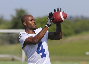 Winnipeg Blue Bombers wide receiver Garrett Johnson (4) pulls in a pass during a team mini-camp at IMG Academy in Bradenton Florida on Thursday, April 25, 2019.

Photo by Tom O'Neill