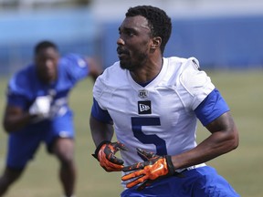 Winnipeg Blue Bombers wide receiver Matt Hazel (5) runs a pass route during a team mini-camp at IMG Academy in Bradenton Florida on Thursday, April 25, 2019.

Photo by Tom O'Neill