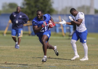 Winnipeg Blue Bombers defensive back Alex Gray (20) intercepts a pass during a team mini-camp at IMG Academy in Bradenton Florida on Thursday, April 25, 2019.

Photo by Tom O'Neill