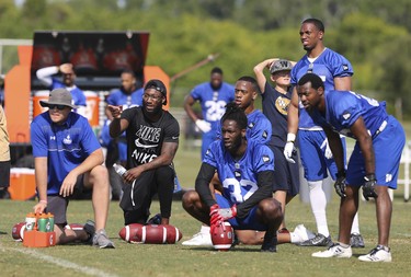 Winnipeg Blue Bombers defensive back Brandon Alexander, black shirt, huddles with defensive backs during a team mini-camp at IMG Academy in Bradenton Florida on Thursday, April 25, 2019.

Photo by Tom O'Neill