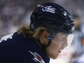 Jets forward Patrik Laine lines up for a faceoff during his team’s playoff game against the 
St. Louis Blues on April 18, 2019, at Bell MTS Place. (KEVIN KING/Winnipeg Sun)