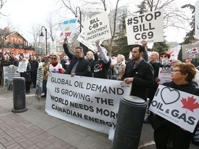 Pipeline supporters gather outside the Sheraton Eau Claire in Calgary on Tuesday, April 9, 2019.