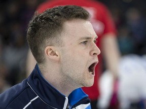 Scotland skip Bruce Mouat calls for the sweep in their game against Sweden at the Men's World Curling Championship in Lethbridge, Alta. on Tuesday, April 2, 2019.