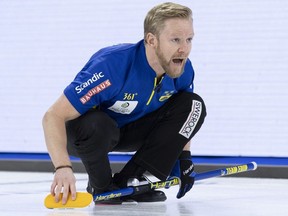 Sweden skip Niklas Edin directs the sweep on his shot in their game against the United States at the Men's World Curling Championship in Lethbridge, Alta. on Friday, April 5, 2019.