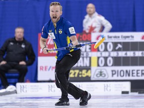 Sweden skip Niklas Edin reacts to his shot during the gold medal game against Canada at the  World Men's Curling Championship in Lethbridge, Alta. on Sunday, April 7, 2019.