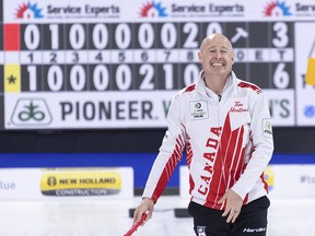 Canada skip Kevin Koe reacts to this shot during their game against the United States at the World Men's Curling Championship in Lethbridge, Alta. on Thursday, April 4, 2019.