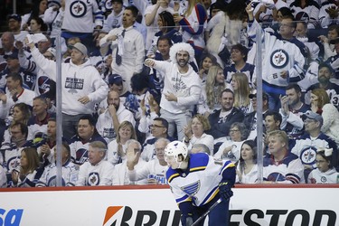 Winnipeg Jets' fans react towards St. Louis Blues centre Robert Thomas (18) after the Jets were given a penalty during second period NHL playoff action in Winnipeg on Wednesday, April 10, 2019. THE CANADIAN PRESS/John Woods