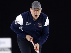 Skip John Shuster directs his sweepers during the Grand Slam of Curling Elite-10 event at the St. James Civic Centre in Winnipeg on Thurs., March 15, 2018. (Kevin King/Winnipeg Sun)
