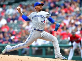 Blue Jays starter Marcus Stroman pitches during first inning MLB action against the Indians at Progressive Field in Cleveland on Sunday, April 7, 2019.