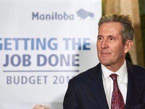 Manitoba Premier Brian Pallister speaks to media following the delivery of Manitoba's 2019 budget, at the Legislative Building in Winnipeg, Thursday, March 7, 2019. Manitoba's Progressive Conservative government is spending more on budget advertising this year as an election draws closer.