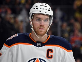 Connor McDavid of the Edmonton Oilers takes a break during a stop in play against the Vegas Golden Knights at T-Mobile Arena on April 1, 2019 in Las Vegas. (Ethan Miller/Getty Images)