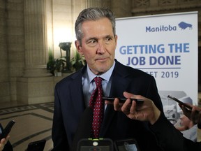 Premier Brian Pallister speaks with media on Wednesday, April 17, 2019, about his party's decision to agree to a compromise with the NDP that will ensure a budget bill related to the provincial sales tax reduction passes by June 3. (JOYANNE PURSAGA/Winnipeg Sun/Postmedia Network)