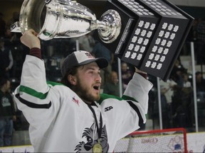 Veteran forward Scott Mickoski celebrates with the Turnbull Cup Monday, April 22, 2019 at Stride Place in Portage la Prairie, Man.
Brian Oliver/Portage Graphic/Postmedia Network