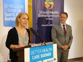 Lanette Siragusa, chief nursing officer at Shared Health, speaks during the announcement for an $8-million health-care staff scheduling upgrade on Monday, April 29, 2019, alongside Health Minister Cameron Friesen. 
Joyanne Pursaga/Winnipeg Sun/Postmedia Network