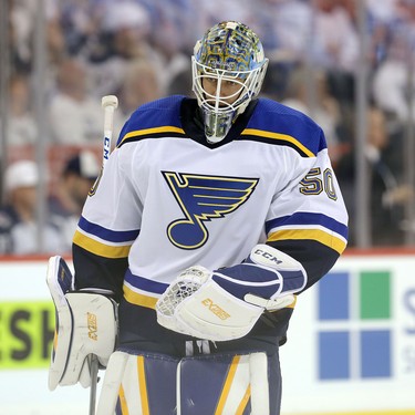 WINNIPEG, MANITOBA - APRIL 10: Jordan Binnington #50 of the St. Louis Blues skates back to his goal during a break in action with the Winnipeg Jets in Game One of the Western Conference First Round during the 2019 NHL Stanley Cup Playoffs at Bell MTS Place on April 10, 2019 in Winnipeg, Manitoba, Canada. (Photo by Jason Halstead/Getty Images)