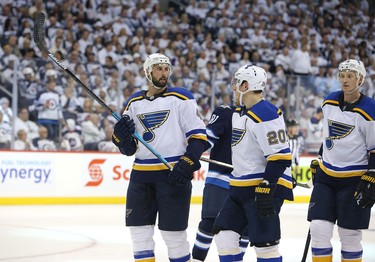 WINNIPEG, MANITOBA - APRIL 10: Robert Bortuzzo #41 and Alexander Steen #20 of the St. Louis Blues chat before a faceoff against the Winnipeg Jets in Game One of the Western Conference First Round during the 2019 NHL Stanley Cup Playoffs at Bell MTS Place on April 10, 2019 in Winnipeg, Manitoba, Canada. (Photo by Jason Halstead/Getty Images)