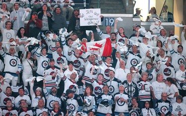 WINNIPEG, MANITOBA - APRIL 10: Winnipeg Jets fans bring on the 'whiteout' as the Winnipeg Jets took on the St. Louis Blues in Game One of the Western Conference First Round during the 2019 NHL Stanley Cup Playoffs at Bell MTS Place on April 10, 2019 in Winnipeg, Manitoba, Canada. (Photo by Jason Halstead/Getty Images) *** Local Caption ***