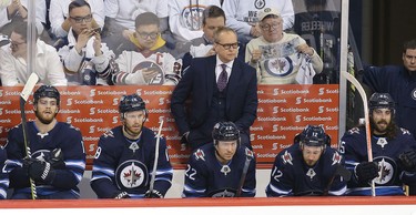 WINNIPEG, MANITOBA - APRIL 10: head coach Paul Maurice of the Winnipeg Jets watches his team in Game One of the Western Conference First Round against the St. Louis Blues during the 2019 NHL Stanley Cup Playoffs at Bell MTS Place on April 10, 2019 in Winnipeg, Manitoba, Canada. (Photo by Jason Halstead/Getty Images)