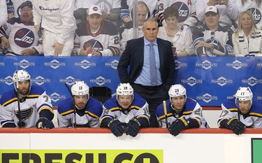 WINNIPEG, MANITOBA - APRIL 10: head coach Craig Berube of the St. Louis Blues watches his team in Game One of the Western Conference First Round against the Winnipeg Jets during the 2019 NHL Stanley Cup Playoffs at Bell MTS Place on April 10, 2019 in Winnipeg, Manitoba, Canada. (Photo by Jason Halstead/Getty Images)