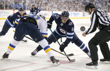 WINNIPEG, MANITOBA - APRIL 10: Andrew Copp #9 of the Winnipeg Jets faces off against Oskar Sundqvist #70 of the St. Louis Blues in Game One of the Western Conference First Round during the 2019 NHL Stanley Cup Playoffs at Bell MTS Place on April 10, 2019 in Winnipeg, Manitoba, Canada. (Photo by Jason Halstead/Getty Images)