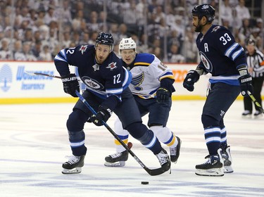 WINNIPEG, MANITOBA - APRIL 10: Kevin Hayes #12 of the Winnipeg Jets looks to shoot against the St. Louis Blues in Game One of the Western Conference First Round during the 2019 NHL Stanley Cup Playoffs at Bell MTS Place on April 10, 2019 in Winnipeg, Manitoba, Canada. (Photo by Jason Halstead/Getty Images)