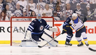 WINNIPEG, MANITOBA - APRIL 10: Jaden Schwartz #17 of the St. Louis Blues looks to get a shot away on Connor Hellebuyck #37 of the Winnipeg Jets in Game One of the Western Conference First Round during the 2019 NHL Stanley Cup Playoffs at Bell MTS Place on April 10, 2019 in Winnipeg, Manitoba, Canada. (Photo by Jason Halstead/Getty Images)
