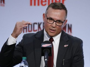 Steve Yzerman answers a question during a news conference where he was introduced as the new executive vice president and general manager of the Detroit Red Wings, Friday, April 19, 2019, in Detroit.