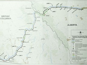 A map of the proposed Trans Mountain pipeline expansion is shown as the National Energy Board releases the board's reconsideration report on marine shipping related to the expansion project, in Calgary, Alta., Friday, Feb. 22, 2019.