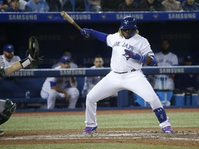 Toronto Blue Jays Vlad Guerrero Jr. backs off an inside pitch versus Oakland on Friday. JACK BOLAND/TORONTO SUN