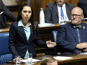 Liberal MLA Cindy Lamoureux speaks in the Manitoba Legislature in Winnipeg on Thurs., May 31, 2018. Kevin King/Winnipeg Sun/Postmedia Network