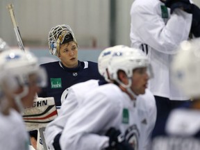 Mikhail Berdin relaxes during Winnipeg Jets development camp at Bell MTS Iceplex on Thurs., June 28, 2018. Kevin King/Winnipeg Sun/Postmedia Network file