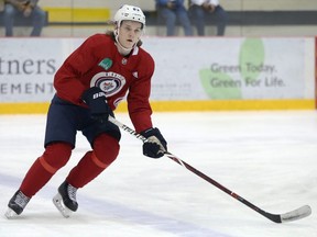 Sami Niku awaits a pass during Winnipeg Jets practice at Bell MTS Iceplex on Mon., April 8, 2019. Kevin King/Winnipeg Sun/Postmedia Network