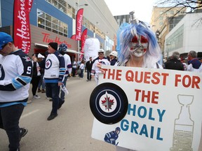 Sheila Hathaway is ready for the playoffs at the Winnipeg Whiteout Street Party for Game 1 on Wednesday.