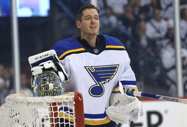 St. Louis Blues goaltender Jordan Binnington takes the net for Game 1 of Round 1 of the NHL playoffs against the Jets in Winnipeg on Wed., April 10, 2019. Kevin King/Winnipeg Sun/Postmedia Network