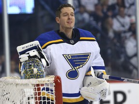 St. Louis Blues goaltender Jordan Binnington takes the net for Game 1 of Round 1 of the NHL playoffs against the Jets in Winnipeg on Wed., April 10, 2019. Kevin King/Winnipeg Sun/Postmedia Network