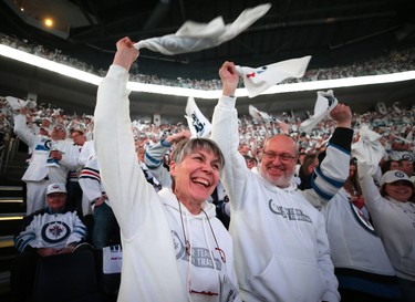 Fans cheer as the Winnipeg Jets take the ice for Game 1 of Round 1 of the NHL playoffs against the St. Louis Blues in Winnipeg on Wed., April 10, 2019. Kevin King/Winnipeg Sun/Postmedia Network