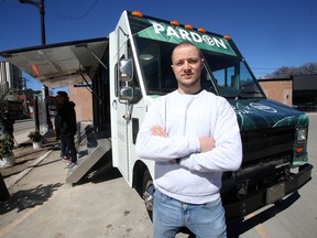 Spokesperson David Duarte with the DOJA Pardon truck. They are gathering signatures for a petition to pardon individuals who were convicted of marijuana possession during prohibition.